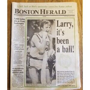Vintage Larry Bird retirement Boston Herald paper complete August 19, 1992 RARE